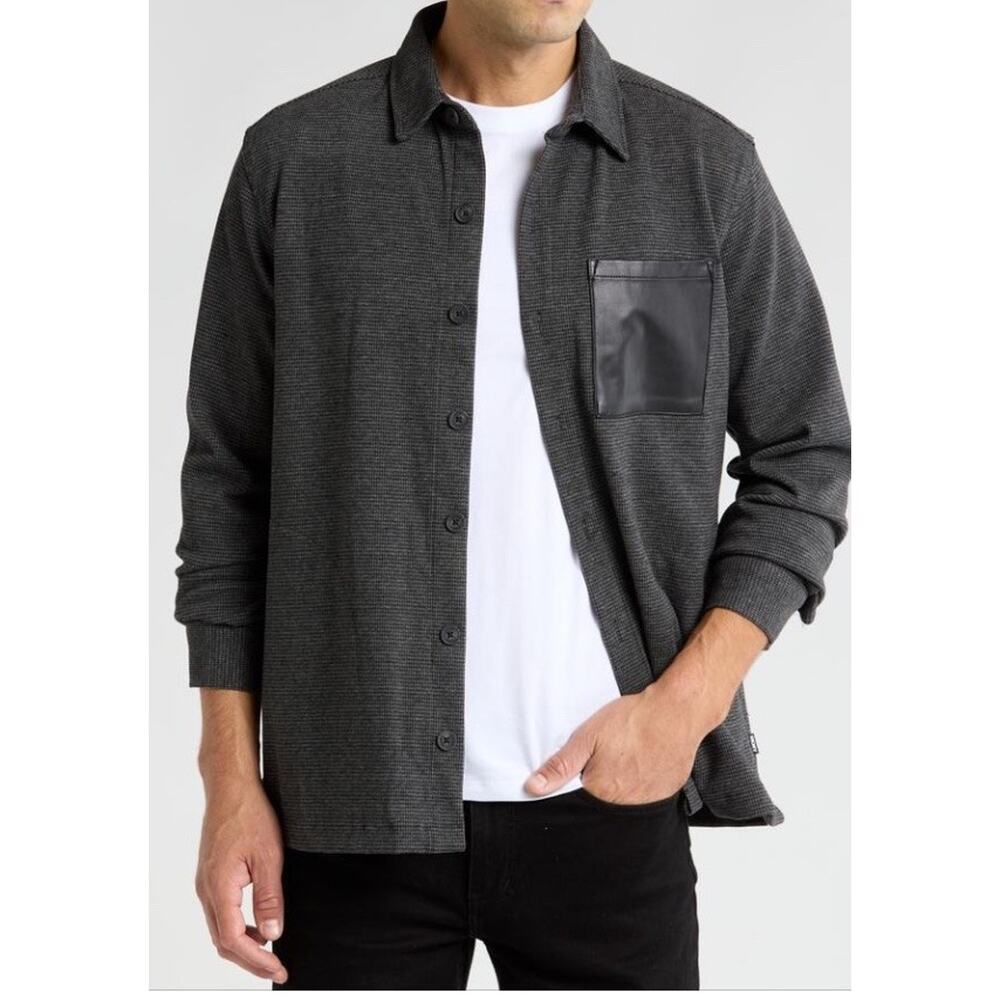 DKNY‎ Herringbone Shirt Jacket Sz M New Gray Black Shacket Faux Leather Pocket